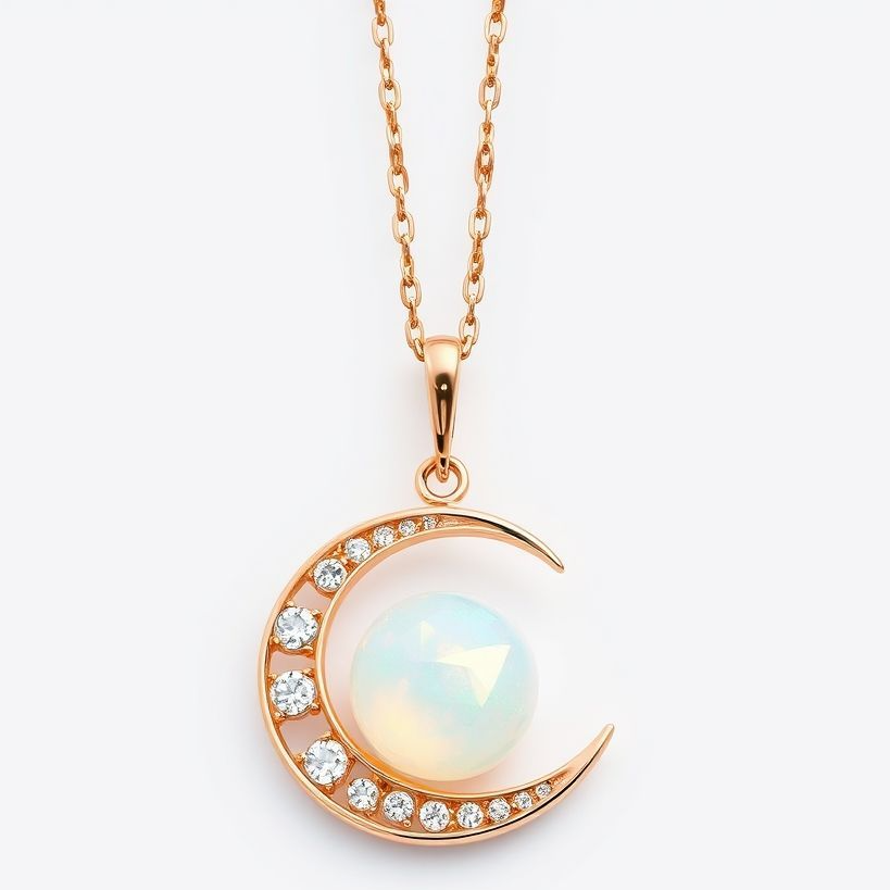 18K Rose Gold Moon & Opal Pendant Necklace – Celestial Crescent Design with Diamond Accents for Women